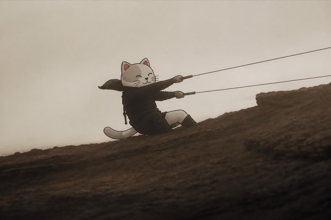 Purr Cat climbing a steep mountain