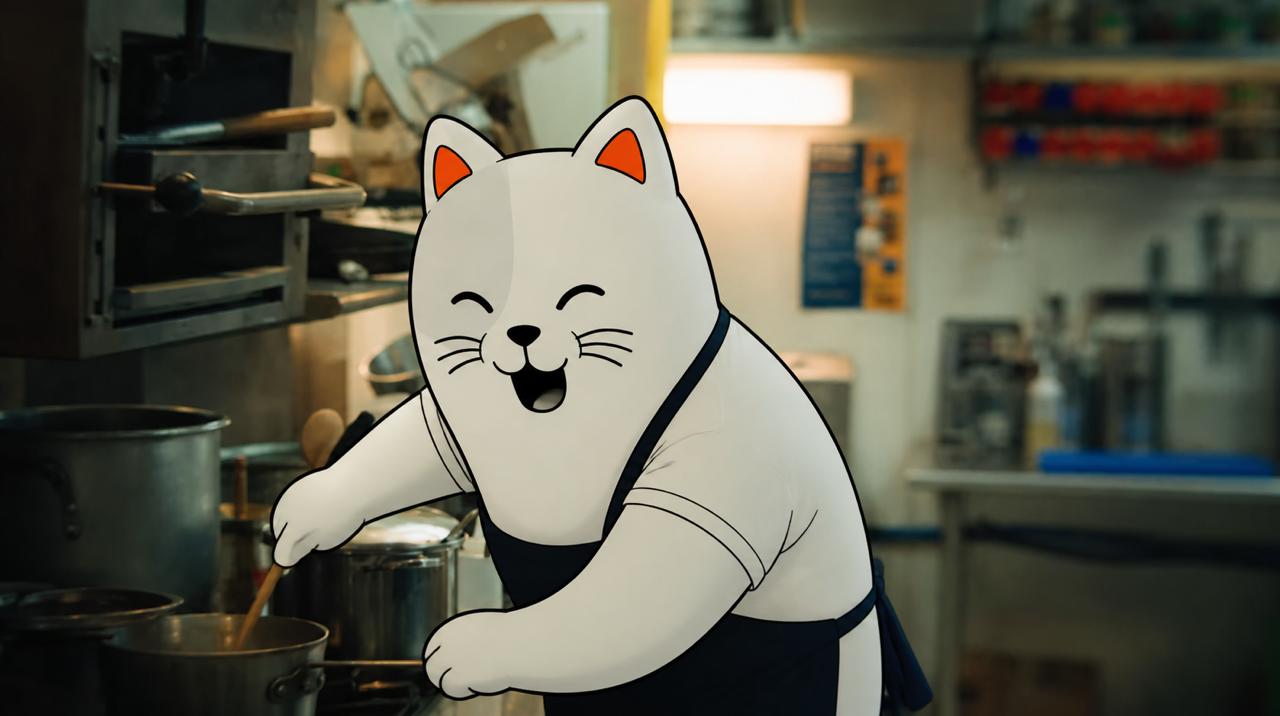 Purr Cat cooking in a restaurant kitchen