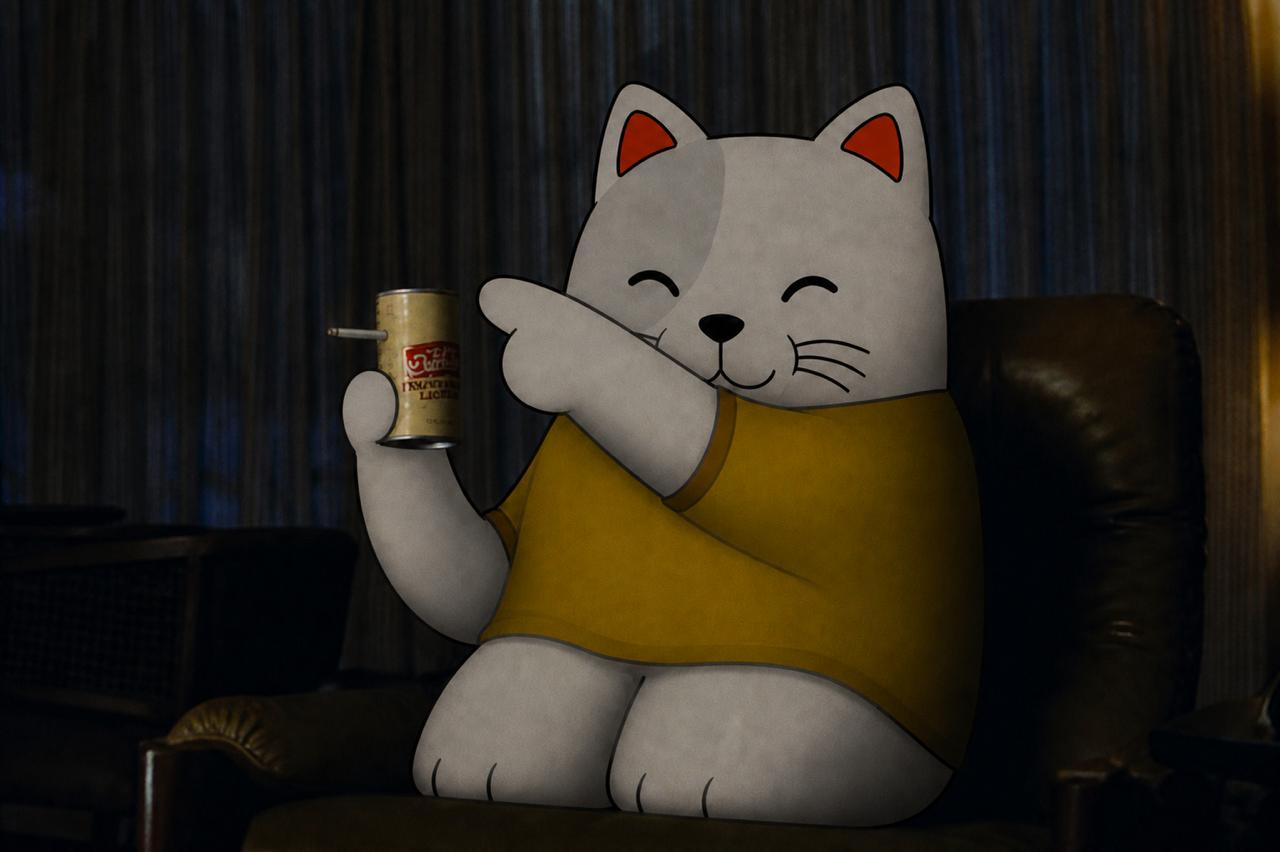 Purr Cat relaxing in a lounge chair