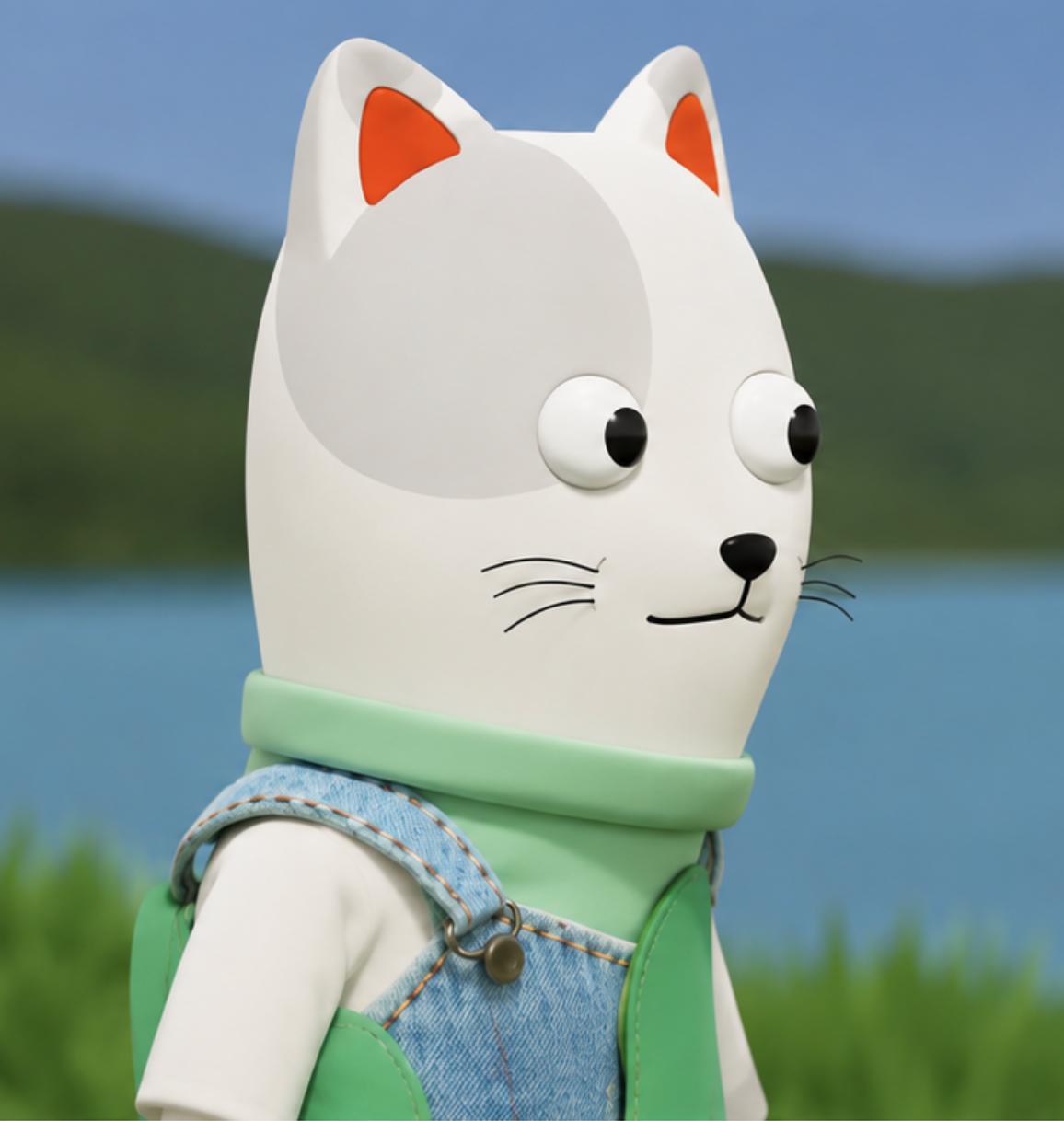 Purr Cat in overalls staring into the distance