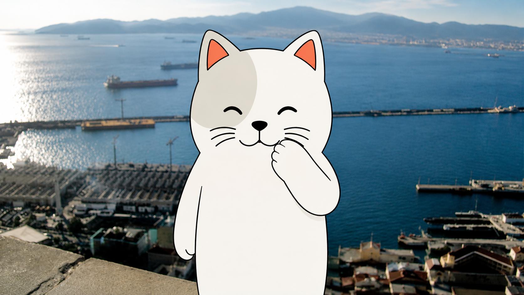 Purr Cat overlooking a harbor