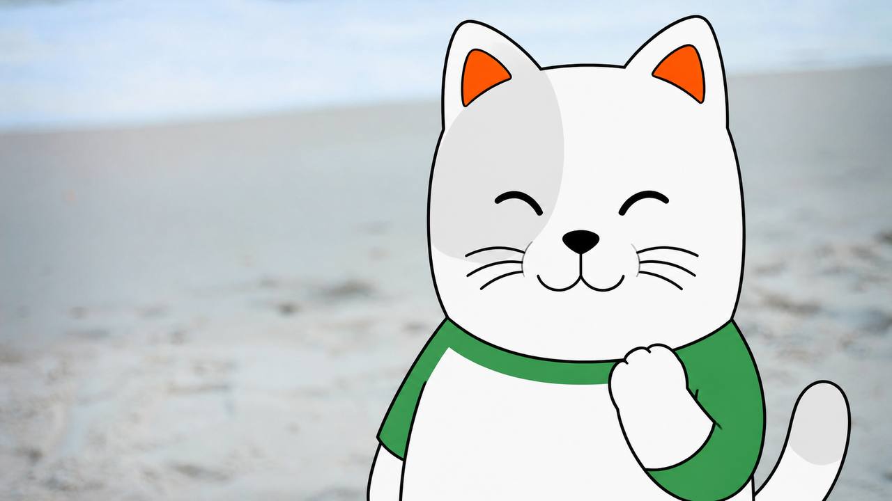 Purr Cat standing on a beach